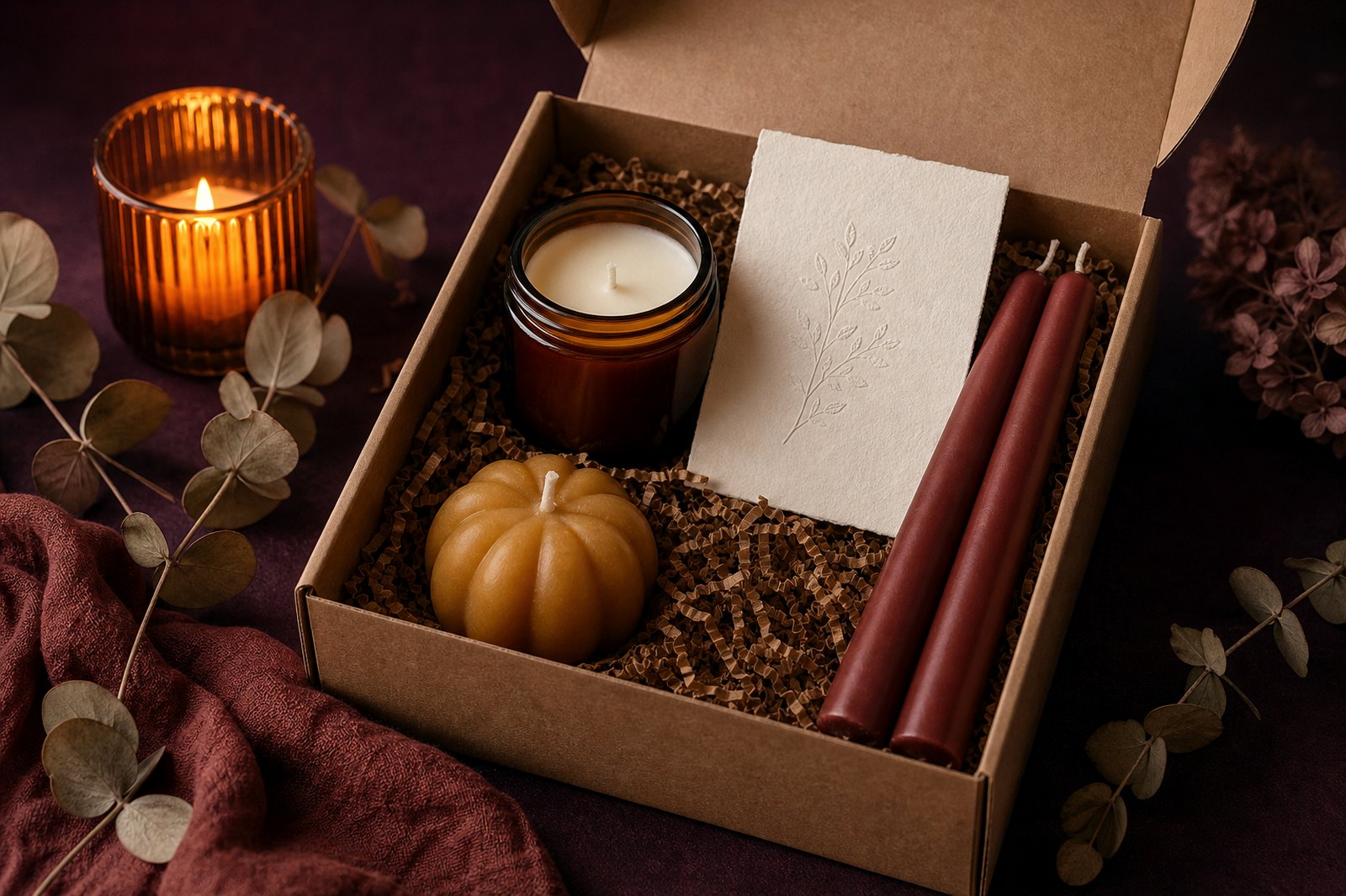 A candlelit packing table with an open kraft gift box, rust ribbon, dried marigolds and wrapped caramels